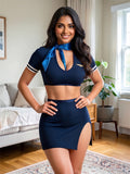 Women’s Navy Blue Airline-Inspired Lingerie Set with Crop Top and Side-Slit Skirt ( RDB56 )