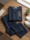 Women's Two Piece Set, Navy Blue, V-Neck Top with Wide Leg Trousers, Short Sleeve