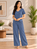 Women’s Cotton Linen Co-ord Set | Solid Blue V-Neck Top & Wide-Leg Pants | Casual & Everyday Wear