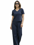 Women's Two Piece Set, Navy Blue, V-Neck Top with Wide Leg Trousers, Short Sleeve
