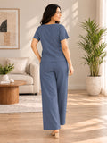 Women’s Cotton Linen Co-ord Set | Solid Blue V-Neck Top & Wide-Leg Pants | Casual & Everyday Wear