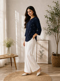 Women’s Viscose Navy Blue Heart Print Top | Full Sleeve Round Neck Casual Tunic | Comfortable Regular Fit