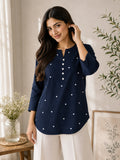 Women’s Viscose Navy Blue Heart Print Top | Full Sleeve Round Neck Casual Tunic | Comfortable Regular Fit