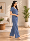 Women’s Cotton Linen Co-ord Set | Solid Blue V-Neck Top & Wide-Leg Pants | Casual & Everyday Wear