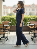 Women's Two Piece Set, Navy Blue, V-Neck Top with Wide Leg Trousers, Short Sleeve