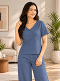 Women’s Cotton Linen Co-ord Set | Solid Blue V-Neck Top & Wide-Leg Pants | Casual & Everyday Wear