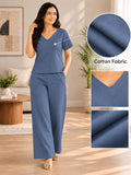 Women’s Cotton Linen Co-ord Set | Solid Blue V-Neck Top & Wide-Leg Pants | Casual & Everyday Wear