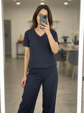Women's Two Piece Set, Navy Blue, V-Neck Top with Wide Leg Trousers, Short Sleeve