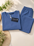 Women’s Cotton Linen Co-ord Set | Solid Blue V-Neck Top & Wide-Leg Pants | Casual & Everyday Wear