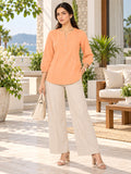 Women’s Orange Rayon 3/4 Sleeve Button-Detail Top