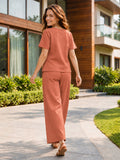Women’s Coral Orange Cotton Linen V-Neck Half Sleeve Co-Ord Set