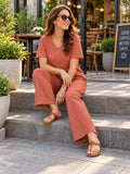 Women’s Coral Orange Cotton Linen V-Neck Half Sleeve Co-Ord Set