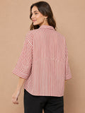 Women’s Pure Cotton Pink & White Striped Shirt Top | 3/4 Sleeve Casual Collared Tunic