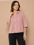 Women’s Pure Cotton Pink & White Striped Shirt Top | 3/4 Sleeve Casual Collared Tunic