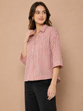 Women’s Pure Cotton Pink & White Striped Shirt Top | 3/4 Sleeve Casual Collared Tunic
