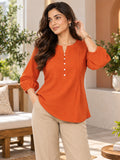Women’s Rayon Solid Regular Fit Top with Round Neck, Front Button Detailing & 3/4 Sleeves