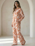 Women's Two Piece Set, Baby Orange, Shirts with Wide Leg Trousers, Full Sleeve