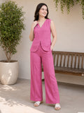 Women’s Stylish Linen Co-Ord Set – Sleeveless V-Neck Top & Wide-Leg Pants | Pink