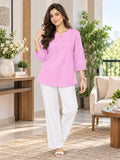 Women’s Pink Rayon 3/4 Sleeve Button-Detail Top