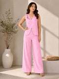 Women’s Pink Cotton Linen Co-Ord Set with Floral Embroidered Sleeveless V-Neck Top and Wide-Leg Trousers