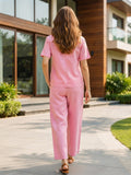 Women’s Solid Linen Co-Ord Set with V-Neck Top & Wide-Leg Pants