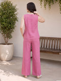 Women’s Stylish Linen Co-Ord Set – Sleeveless V-Neck Top & Wide-Leg Pants | Pink