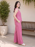 Women’s Stylish Linen Co-Ord Set – Sleeveless V-Neck Top & Wide-Leg Pants | Pink