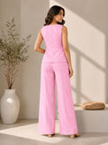 Women’s Pink Cotton Linen Co-Ord Set with Floral Embroidered Sleeveless V-Neck Top and Wide-Leg Trousers