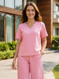 Women’s Solid Linen Co-Ord Set with V-Neck Top & Wide-Leg Pants