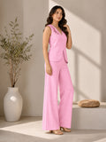Women’s Pink Cotton Linen Co-Ord Set with Floral Embroidered Sleeveless V-Neck Top and Wide-Leg Trousers