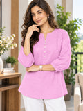 Women’s Pink Rayon 3/4 Sleeve Button-Detail Top
