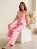 Women’s Solid Linen Co-Ord Set with V-Neck Top & Wide-Leg Pants