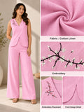 Women’s Pink Cotton Linen Co-Ord Set with Floral Embroidered Sleeveless V-Neck Top and Wide-Leg Trousers