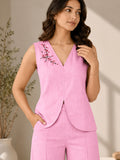 Women’s Pink Cotton Linen Co-Ord Set with Floral Embroidered Sleeveless V-Neck Top and Wide-Leg Trousers