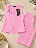 Women’s Pink Cotton Linen Co-Ord Set with Floral Embroidered Sleeveless V-Neck Top and Wide-Leg Trousers