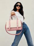 Women’s Stylish PU Leather Handbag | Pink & Cream Structured Shoulder Bag with Adjustable Strap