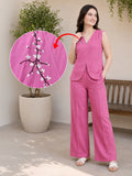 Women’s Stylish Linen Co-Ord Set – Sleeveless V-Neck Top & Wide-Leg Pants | Pink