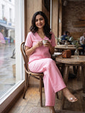 Women’s Solid Linen Co-Ord Set with V-Neck Top & Wide-Leg Pants
