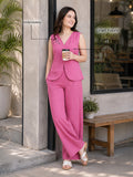 Women’s Stylish Linen Co-Ord Set – Sleeveless V-Neck Top & Wide-Leg Pants | Pink