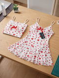 Women’s White Heart Print Babydoll Nightdress with Red Bow Detail ( RDB47 )