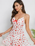 Women’s White Heart Print Babydoll Nightdress with Red Bow Detail ( RDB47 )