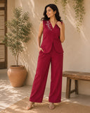 Women’s Red Linen Co-Ord Set with Sleeveless V-Neck Top & Wide-Leg Pants