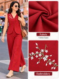 Women’s Red Cotton Linen Co-Ord Set with Floral Embroidered Sleeveless V-Neck Top and Wide-Leg Trousers