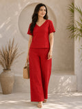 Women’s Solid Red Linen Co-Ord Set with V-Neck Top & Wide-Leg Pants