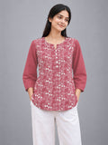 Women’s Dusty Rose Pure Cotton Floral Printed 3/4 Sleeve Kurti with Front Button Detail