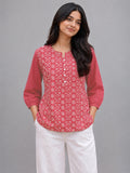 Women’s Pinkish Red Pure Cotton Floral Printed Kurti Top with 3/4 Sleeves