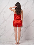 Women's Satin Cami & Shorts Sleepwear Set – Lace Trim Sleeveless Nightwear Co-Ord Set