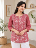 Women’s Dusty Rose Pure Cotton Floral Printed 3/4 Sleeve Kurti with Front Button Detail