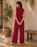 Women’s Red Linen Co-Ord Set with Sleeveless V-Neck Top & Wide-Leg Pants