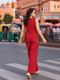 Women’s Red Cotton Linen Co-Ord Set with Floral Embroidered Sleeveless V-Neck Top and Wide-Leg Trousers